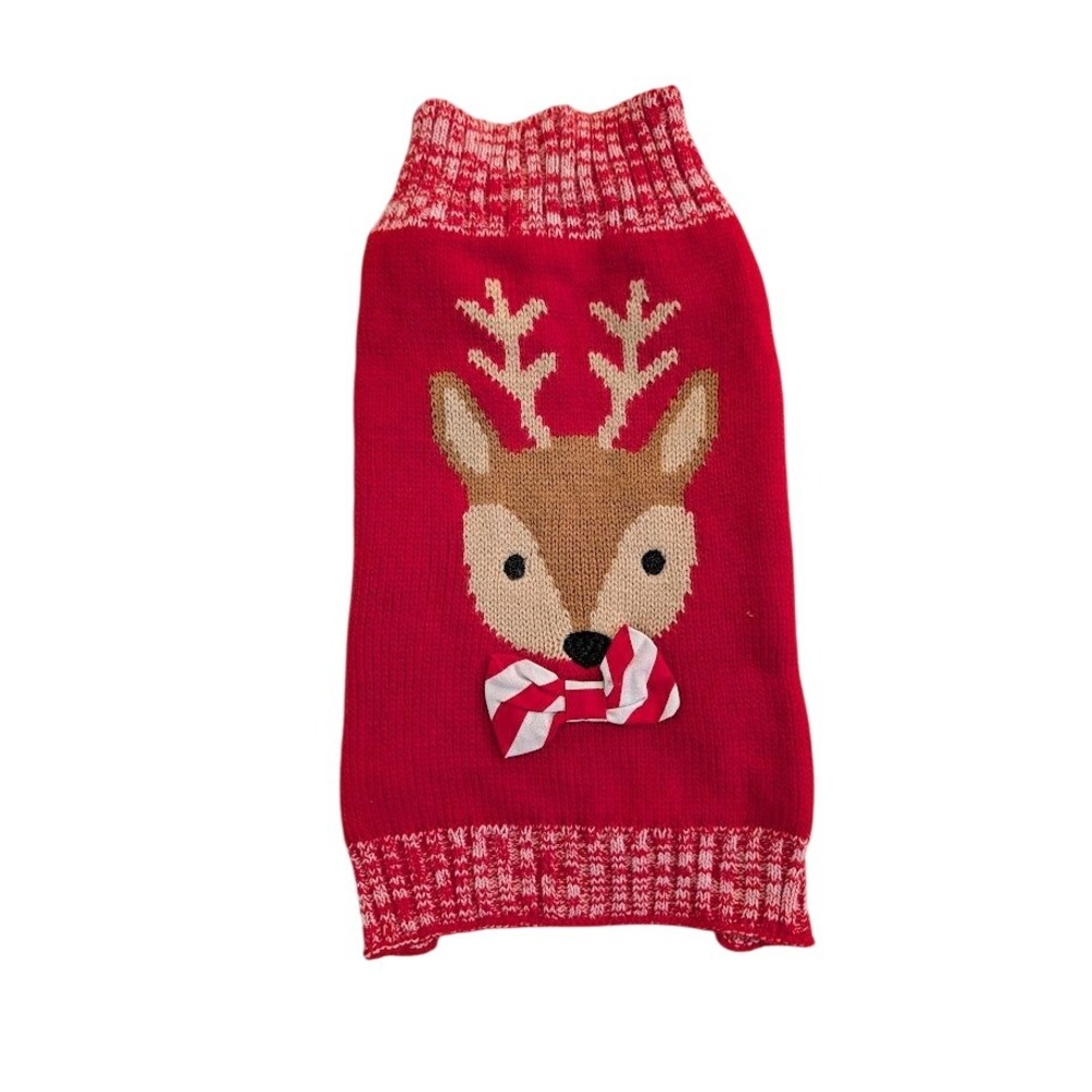 Christmas Dog Sweater Reindeer Holiday Red Striped Bow Tie Pet Apparel